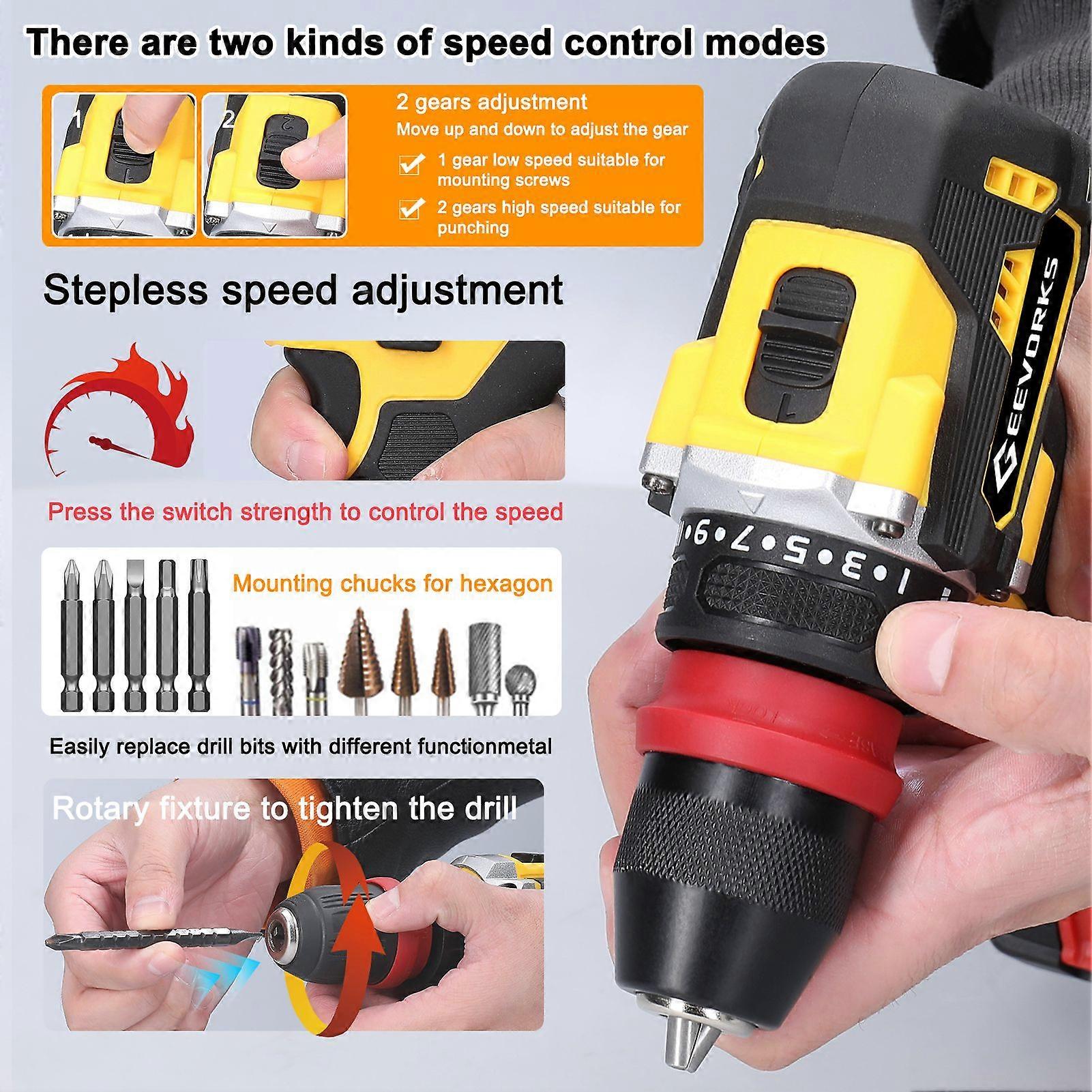 Geevorks 21V 2in1 Lithium Drill Electric Screwdriver Multi-function Power Tool High Torque Brushless Motor Practical Screw Driver for Home Appliances