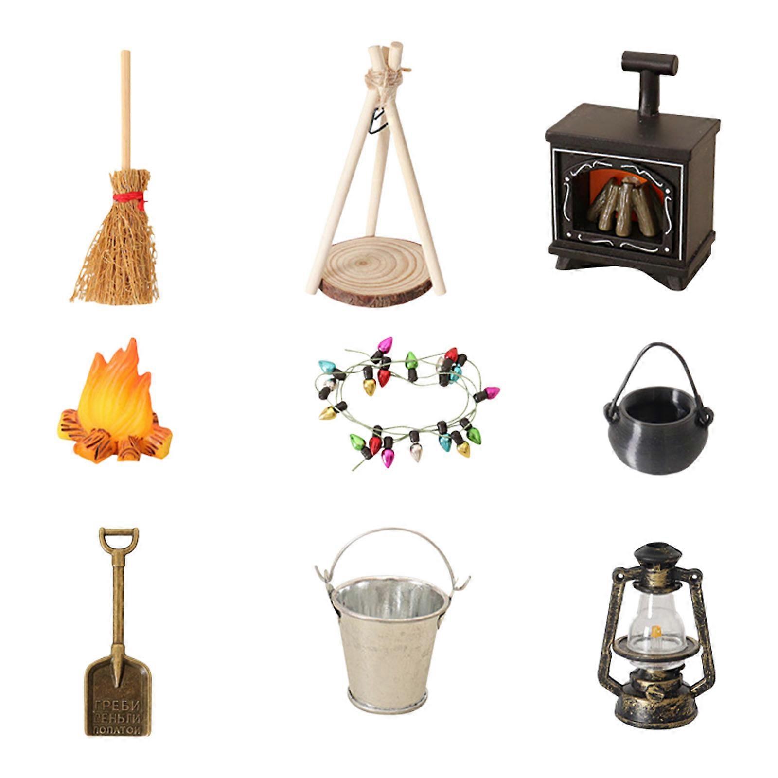 Miniature Camping Scene Craft With Illuminated Lanterns Broom Accessories For Model Enthusiasts Multicolor