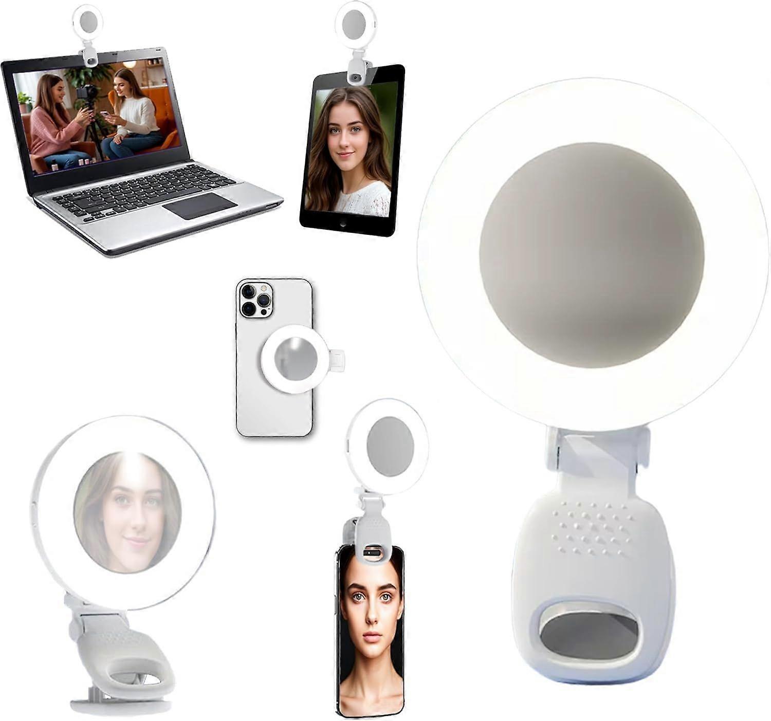 Mini Selfie Ring Light with Mirror  2-in-1 Clip-On LED Makeup Lamp for Phone, Laptop & Desk