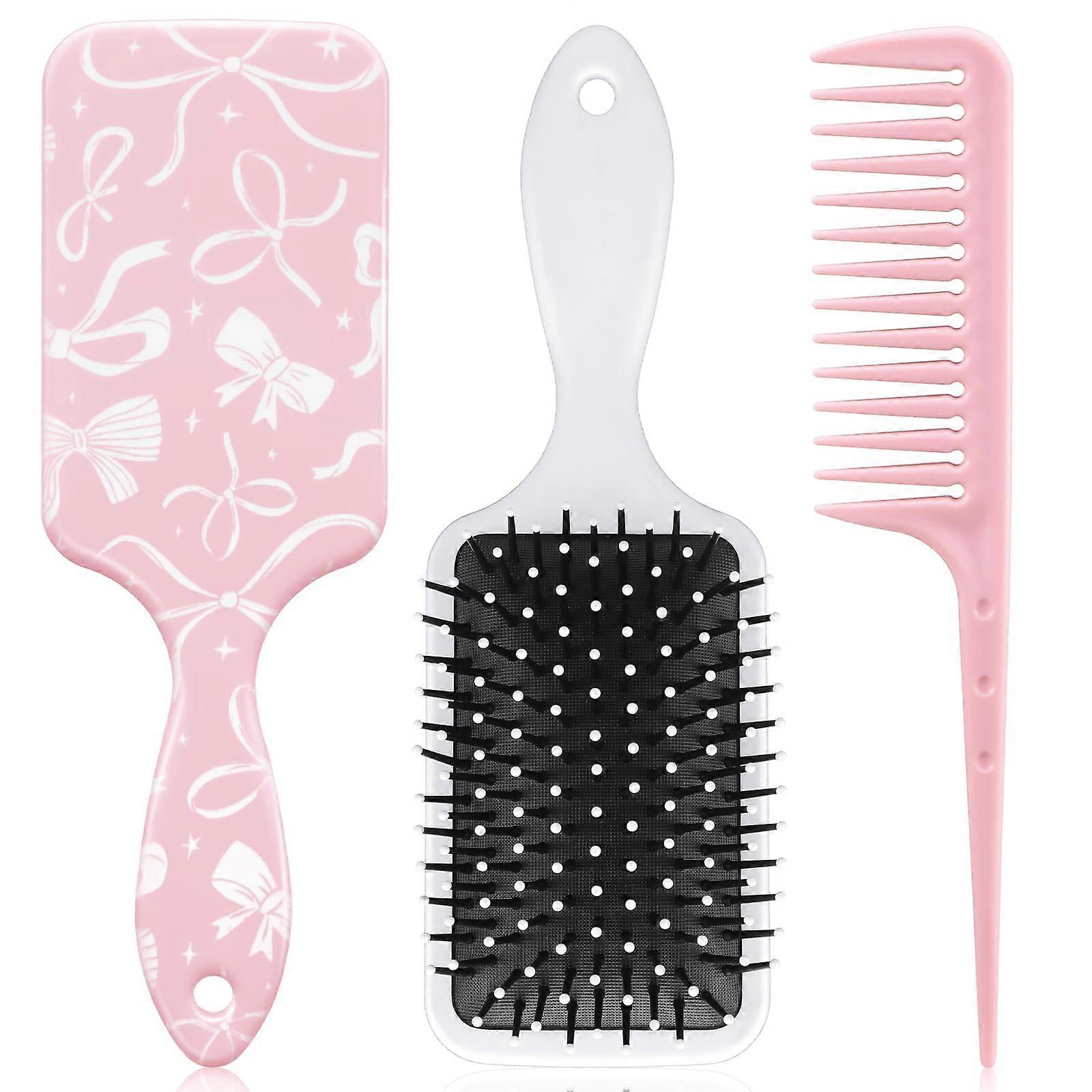 Hair Brush and Comb Set with Detangling Air Cushion, Pink Tail Comb for Precise Sectioning and Massage