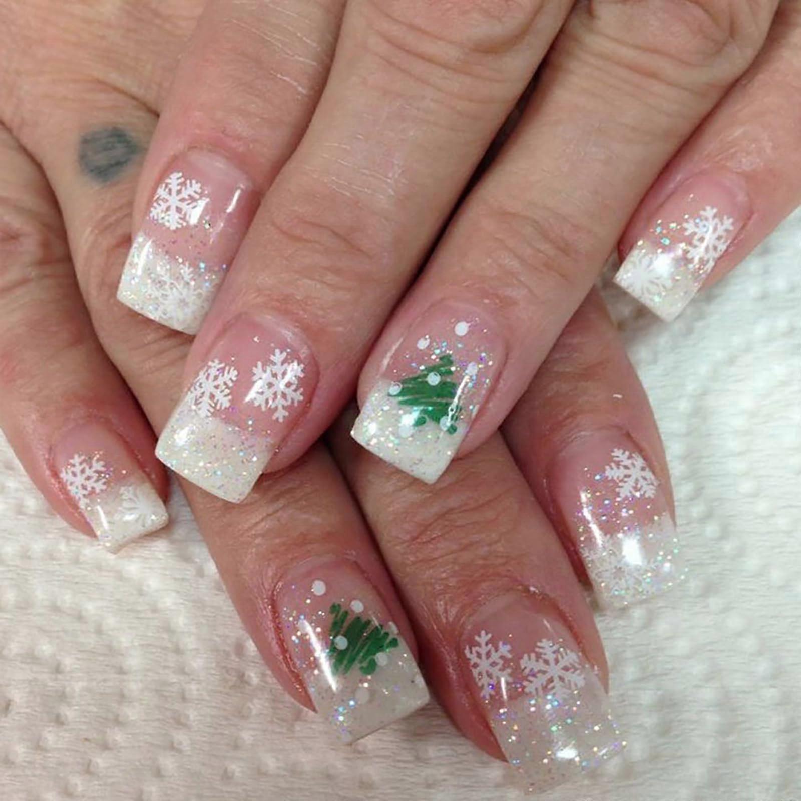 Christmas Press On Nails Set Medium Square White French Tip with Snowflake Designs 24 Pcs