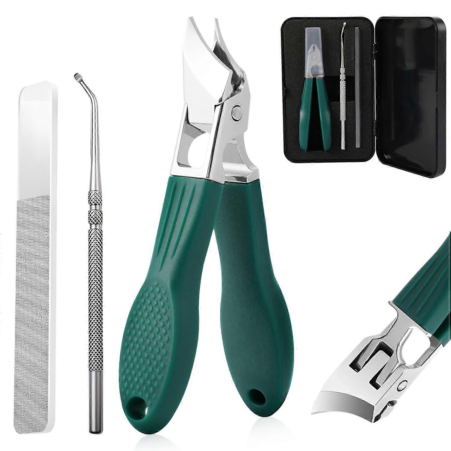 Wide Jaw and Slanted Blade Nail Clippers Set with AntiSplash Chamber and Long Handle for Thick Toenails