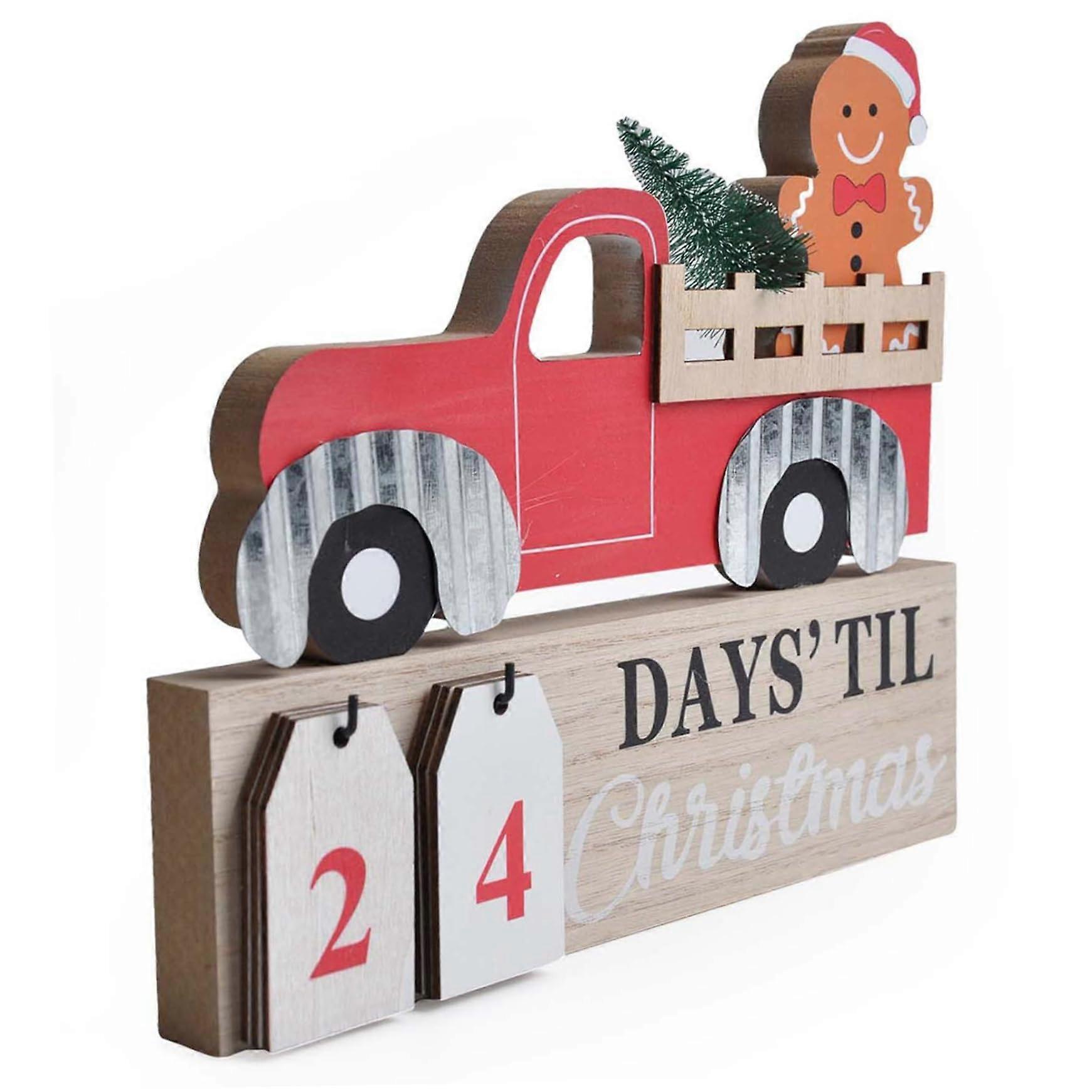 Wooden Advent Calendar with Red Truck Gingerbread Design, Interactive Countdown, Festive Tabletop Decor