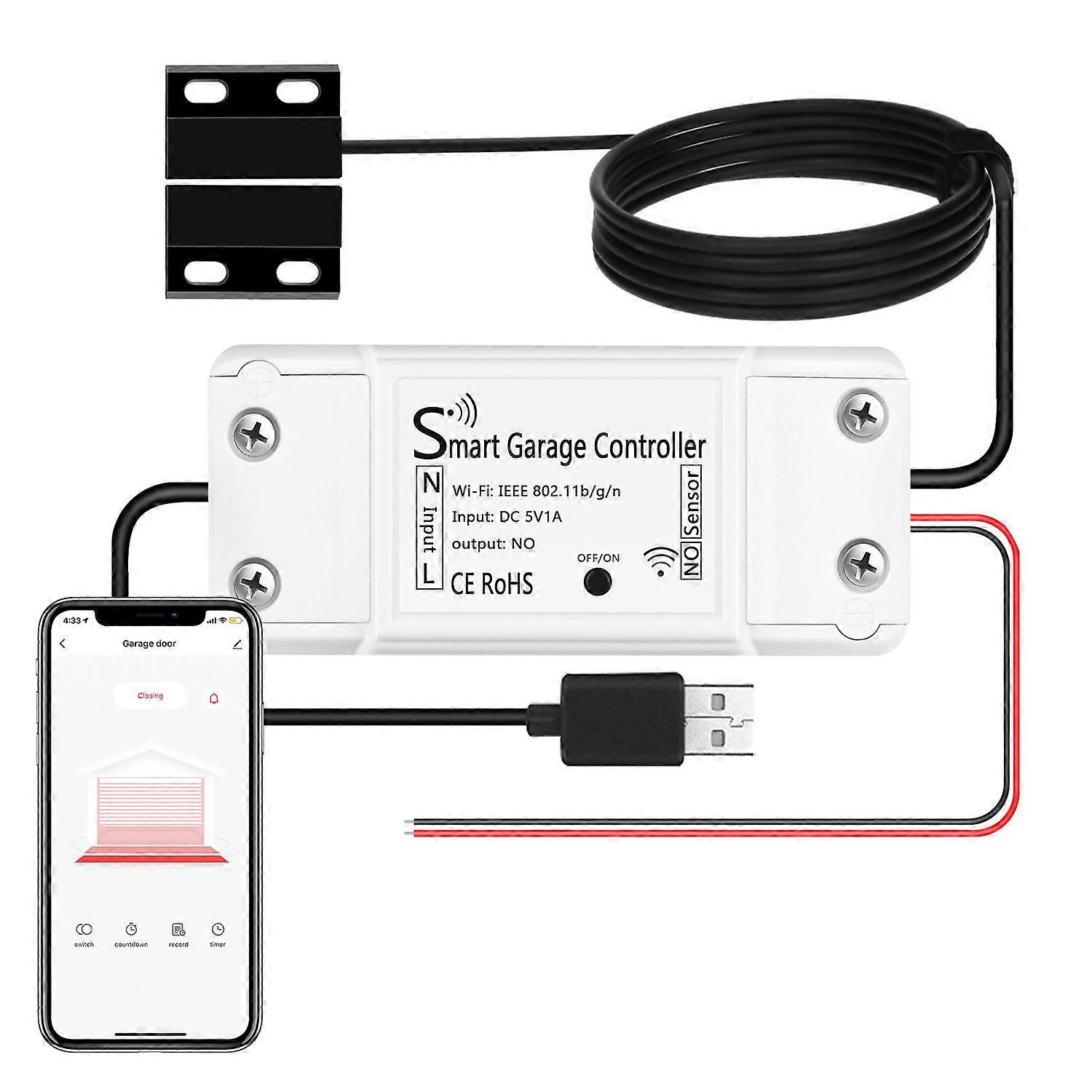 WiFi Connected Garage Door Opener, WiFi Smart Garage Door Switch Compatible with Google Home, Remotely Controlled, Timer Function and Shared-183