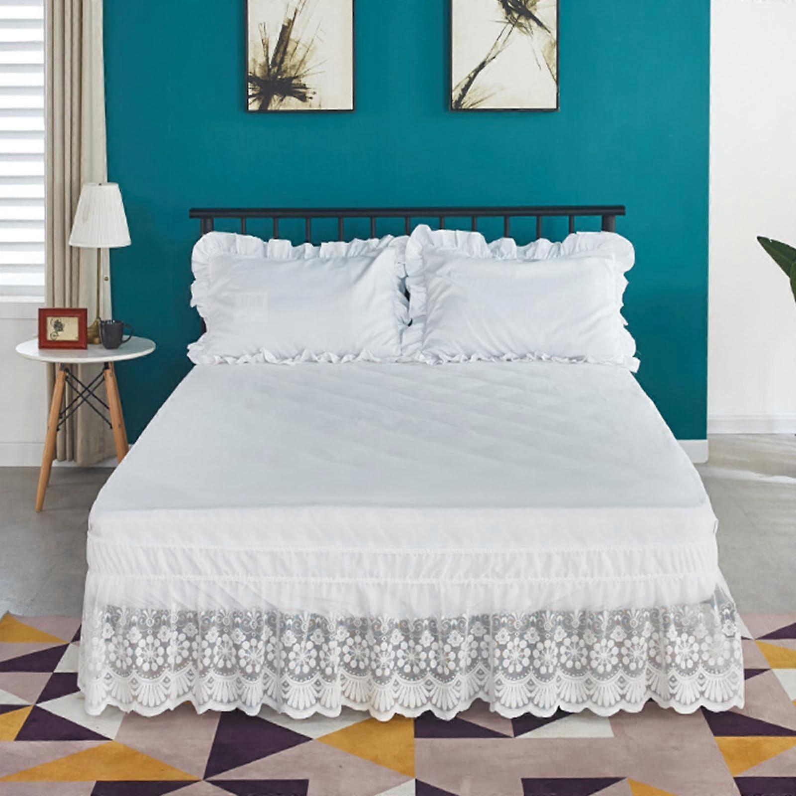 Bed Skirt Twin XL White 15 Inch Drop Adjustable Elastic Fit Pleated Lace Wrap Around Dust Ruffle
