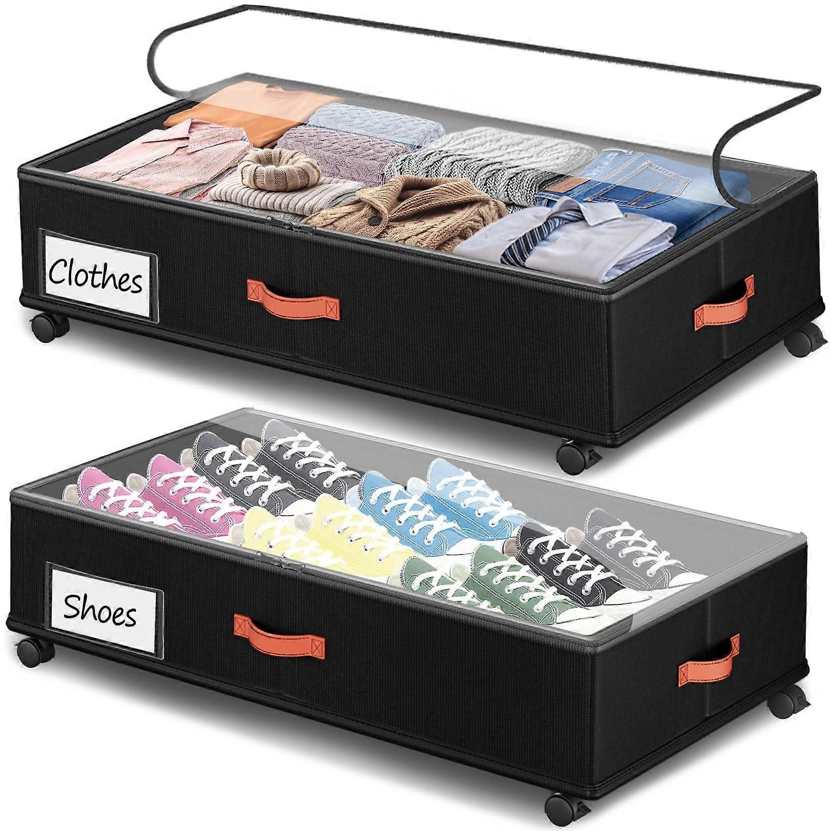 Under Bed Storage Containers with Wheels 2Pack, 66L Clear Lid, Rolling Organizers for Clothes Blankets Shoes, Black