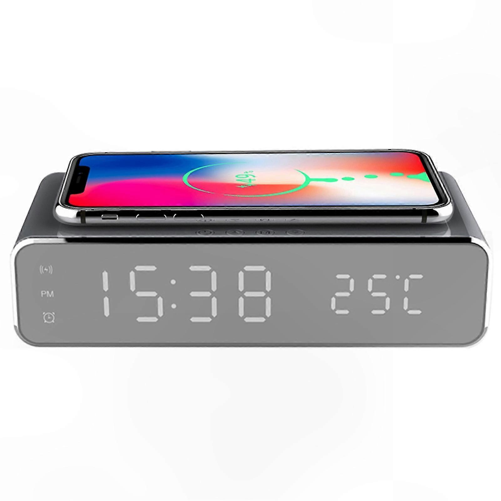Wireless Charging Dock with Digital Clock Mirror Display and Thermometer Functionality