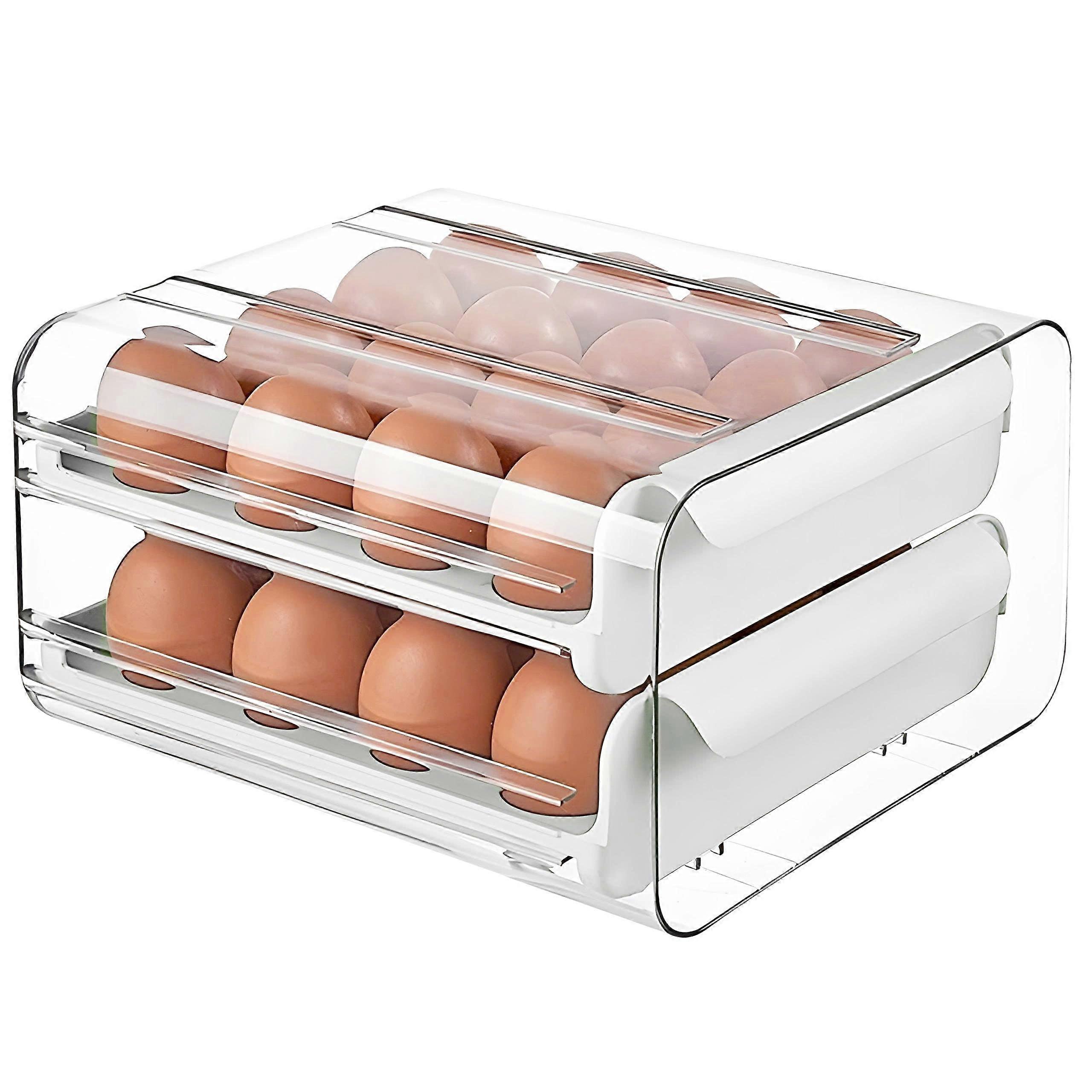 Egg Storage Container, Clear 2Tier 32 Egg Holder for Refrigerator with Smooth SlideOut Drawers