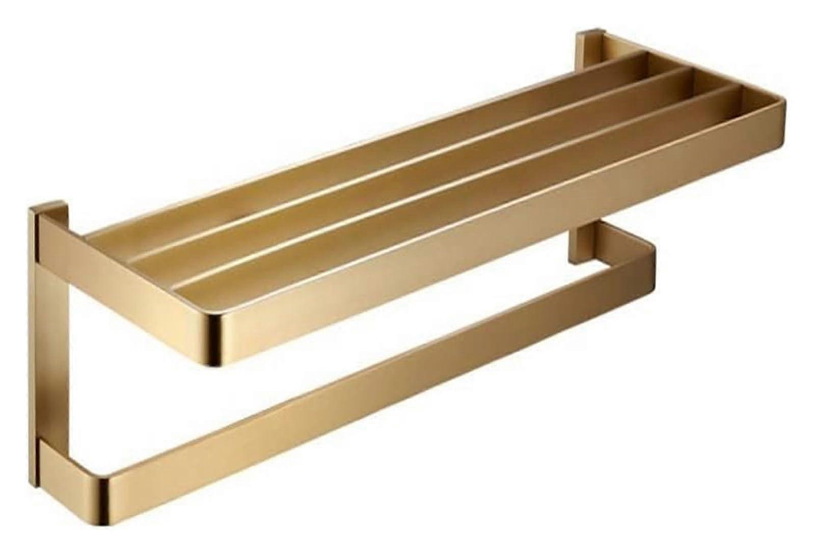 Brass Wall Mounted Towel Rack with Shelf, SpaceSaving Bathroom Towel Holder RustResistant