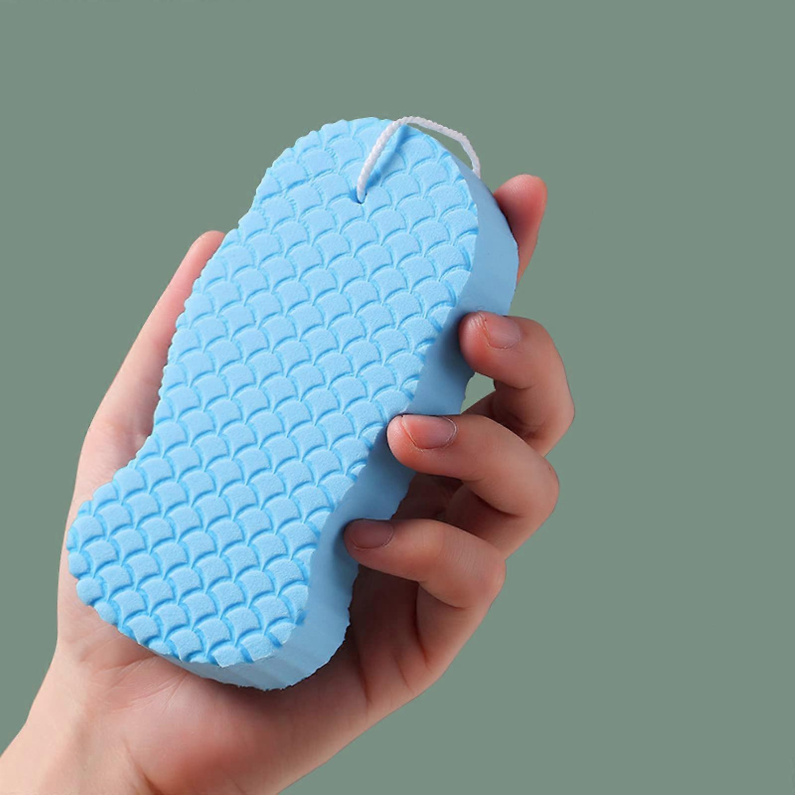 Bath Sponge with Gentle Exfoliating Texture, Large Ergonomic Grip, Reusable Fish Scale Scrubber Blue