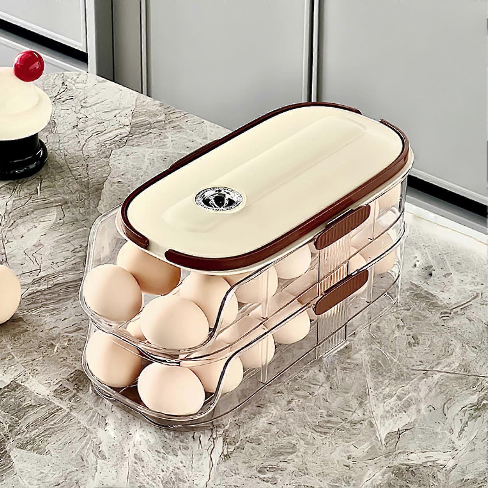 Egg Holder for Fridge with Automatic Rolling Dispenser, Large Capacity Storage Box, Freshness Indicator, Double Layer