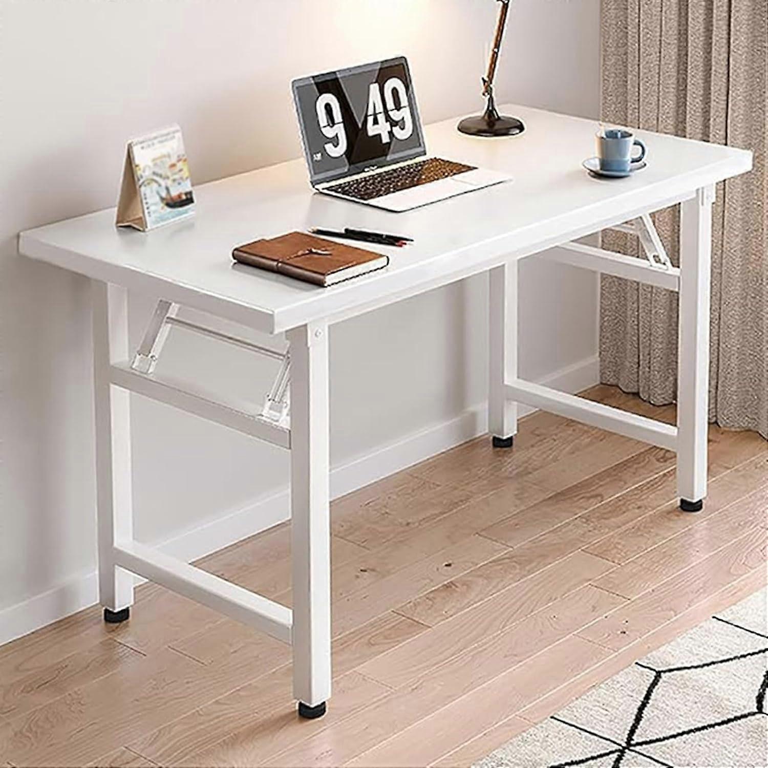 Foldable Computer Desk White 100cm, No Assembly, SpaceSaving Office and Study Table with Steel Frame
