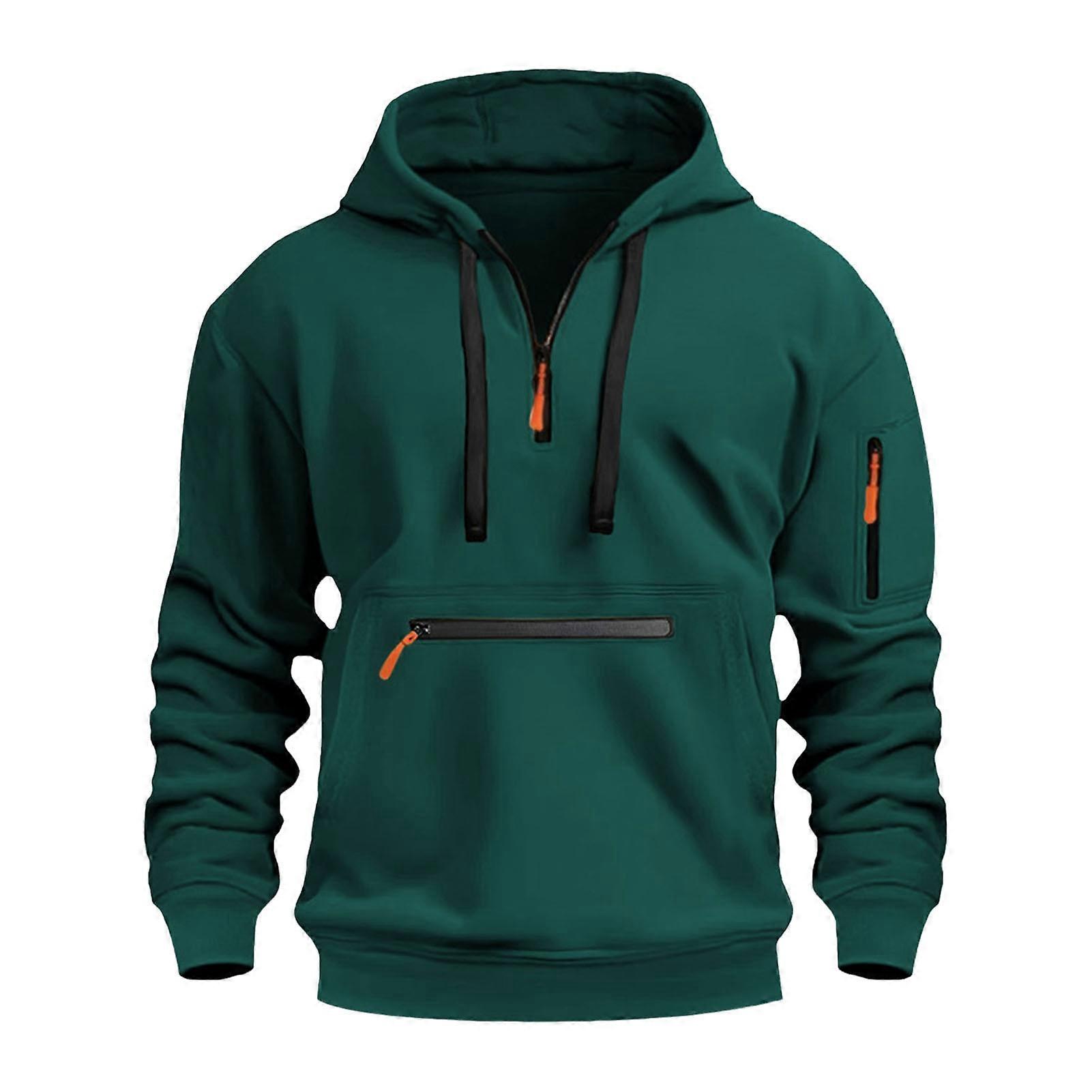 Fall Winter Men Hoodie Zipper Decor Loose Elastic Cuff Drawstring Warm Pullover Mid Length Hip Hop