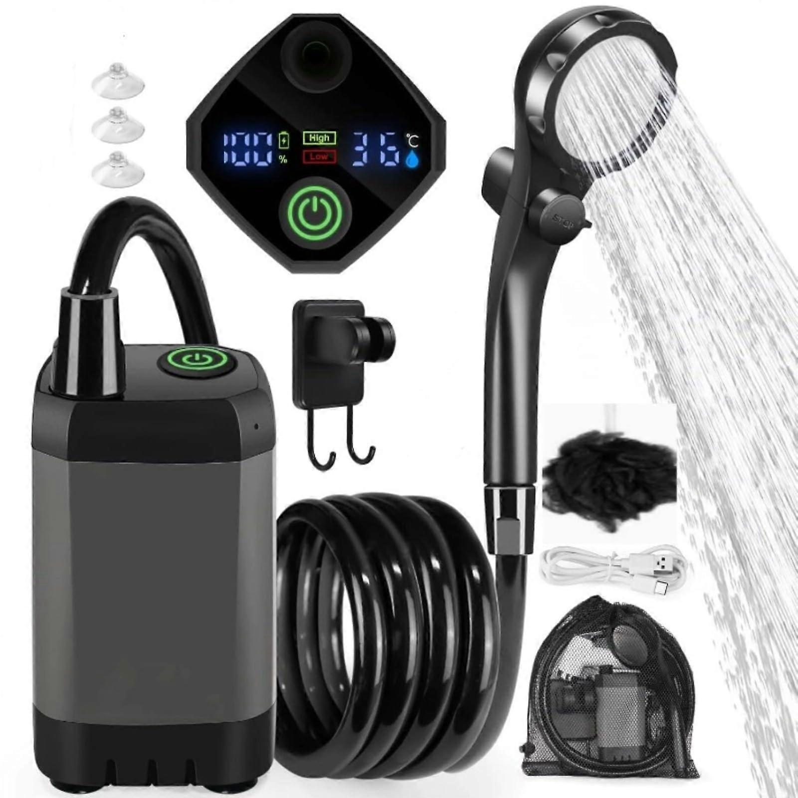 Camping Shower with LED Display, 6000mAh Battery, Adjustable Flow, Filter, Hiking and Camping Use