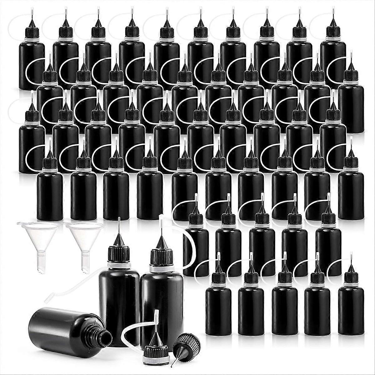 50 Pack Black Precision Tip Applicator Bottles with 2 Funnels, 1 oz