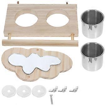 Parrot Bird Perch with Mirror and Feeding Cups Wooden Feeder Set for Budgie