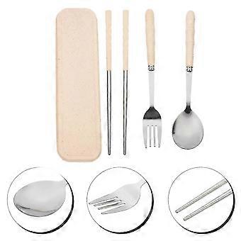 Portable Travel Tableware Set, Beige Stainless Steel Fork Spoon Chopsticks, Compact Durable, For Outdoor Picnic Camping, Storage Box Included