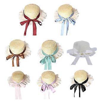 Ribbon Straw Beach Hats For Women Wide Brim Lace for Sun for Protection Flowers Cute Flat Hat Beach Hats Summer for Sun  Claret brilliant