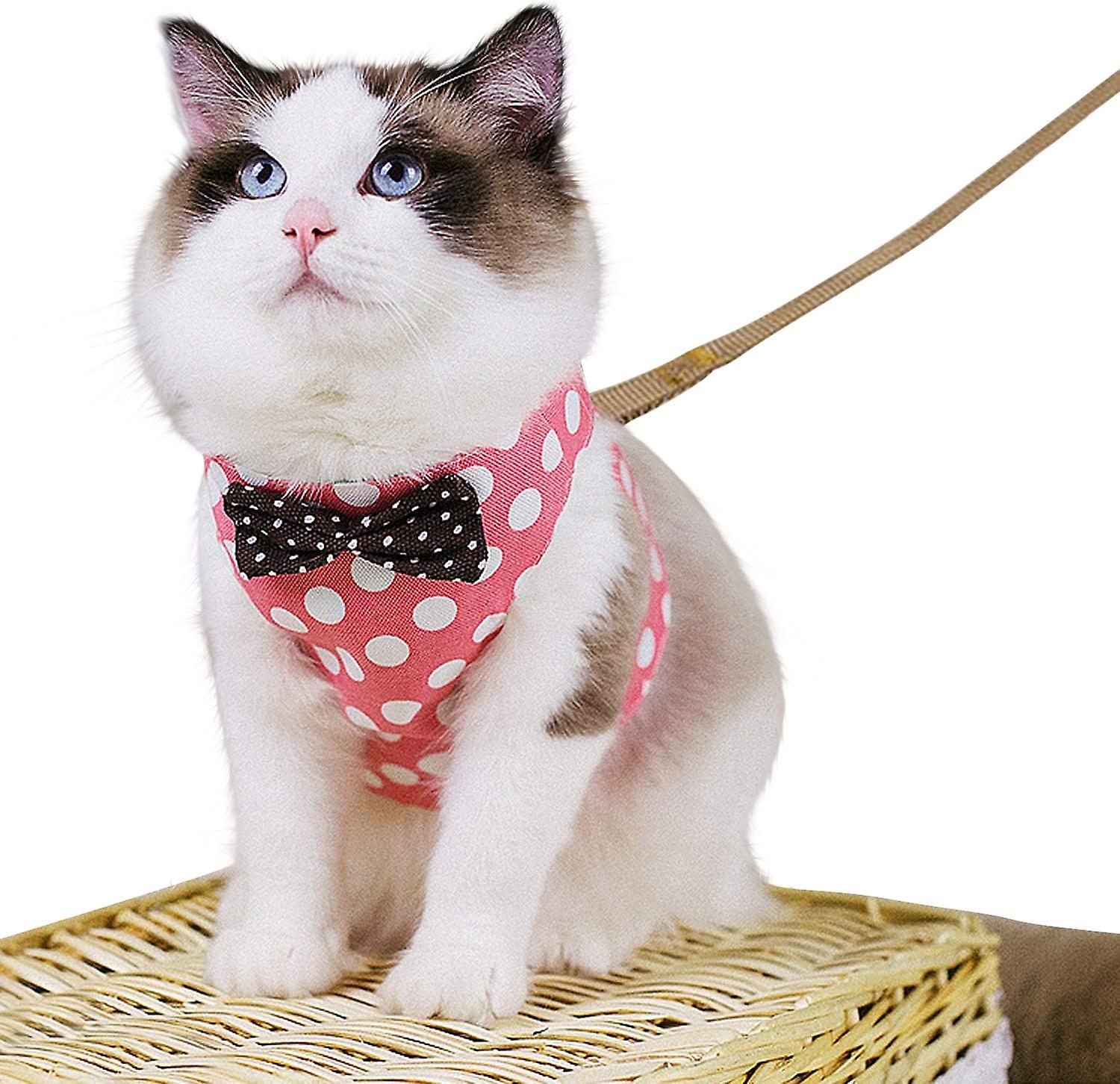 Cat Harness and Leash Set ,No Pull Escape Proof Cat Vest Harness with Bowknot Polka Dot Easy on Jacket for Walking and Running Pink L