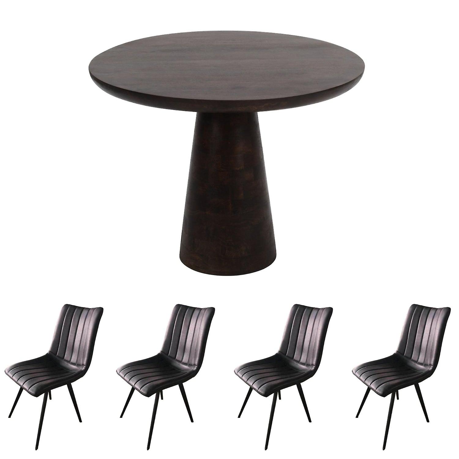 Natural Solid Dark Mango Wood Round Dining Table Set And 4 Chairs