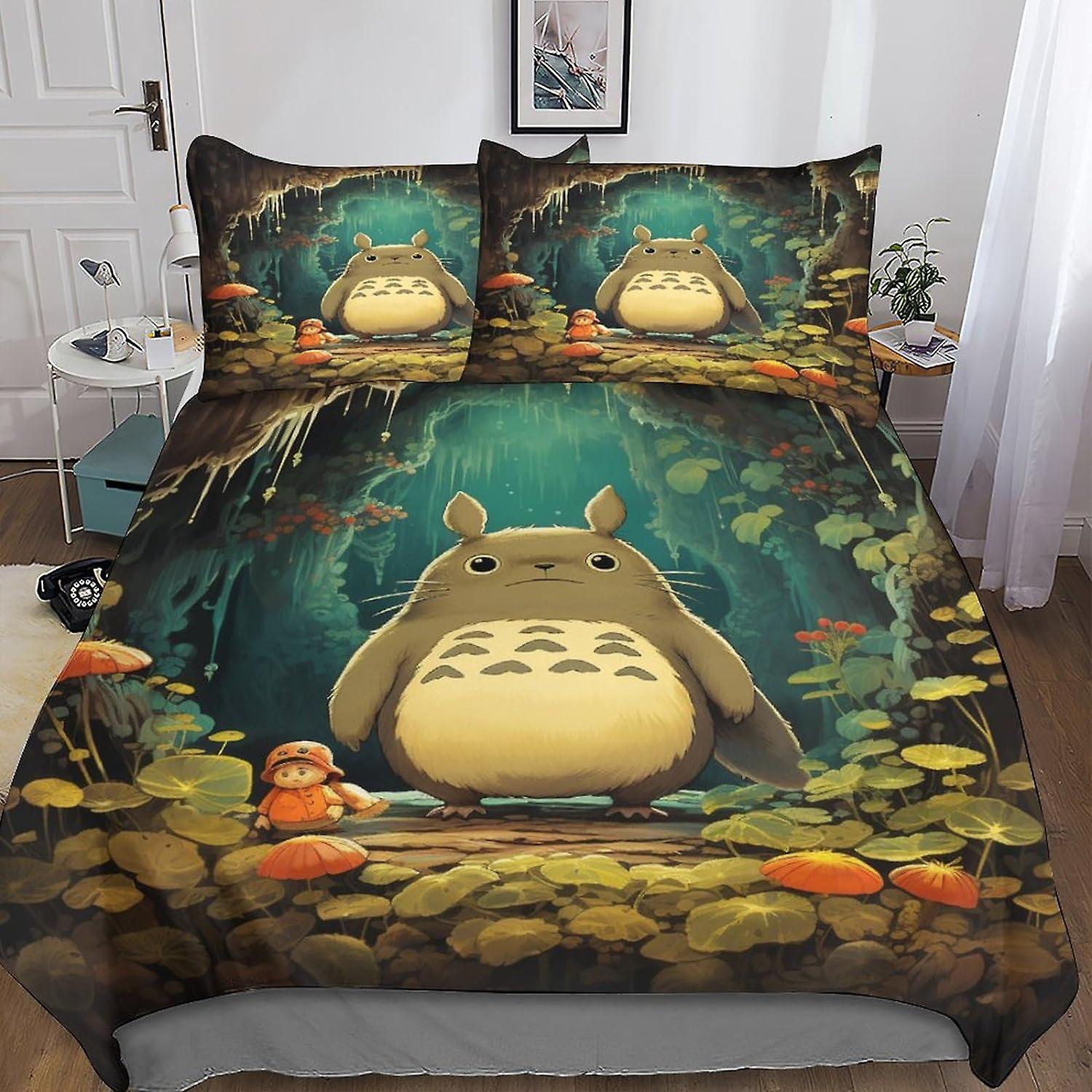 Totoro Captivating 3D Print Duvet Cover Set with Hidden Zipper Closure - Ultra-Soft Microfiber Anime Cartoon Bedding, Complete 3-Piece Set for Boys An