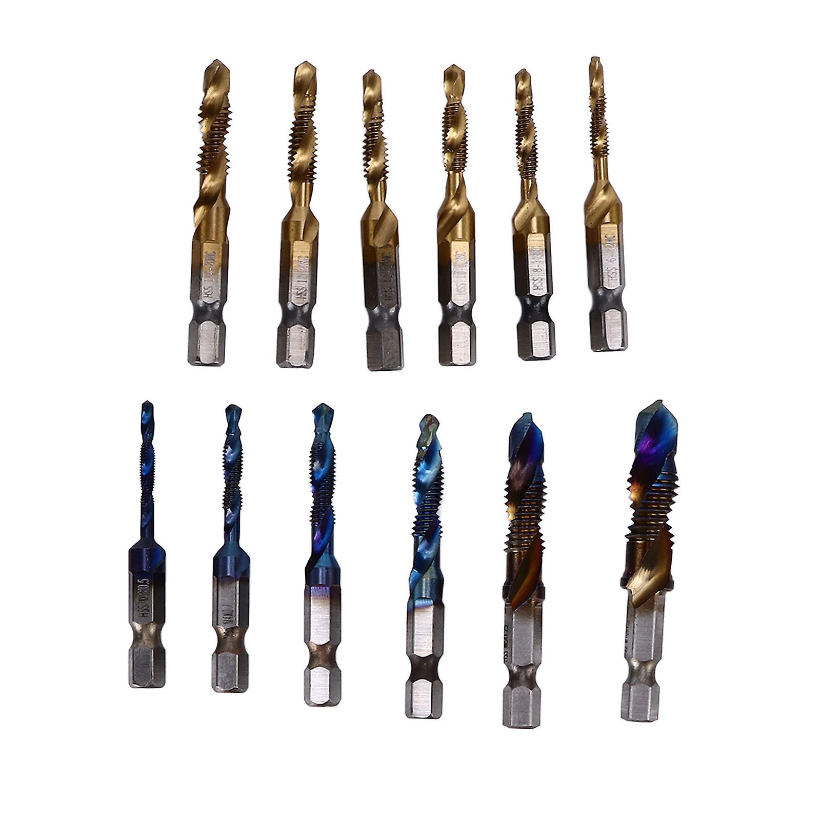 12Pcs Combined Tap Drill Bit Set HSS Metric Blue Plating Imperial Ti Plated 1/4in Hex Shank