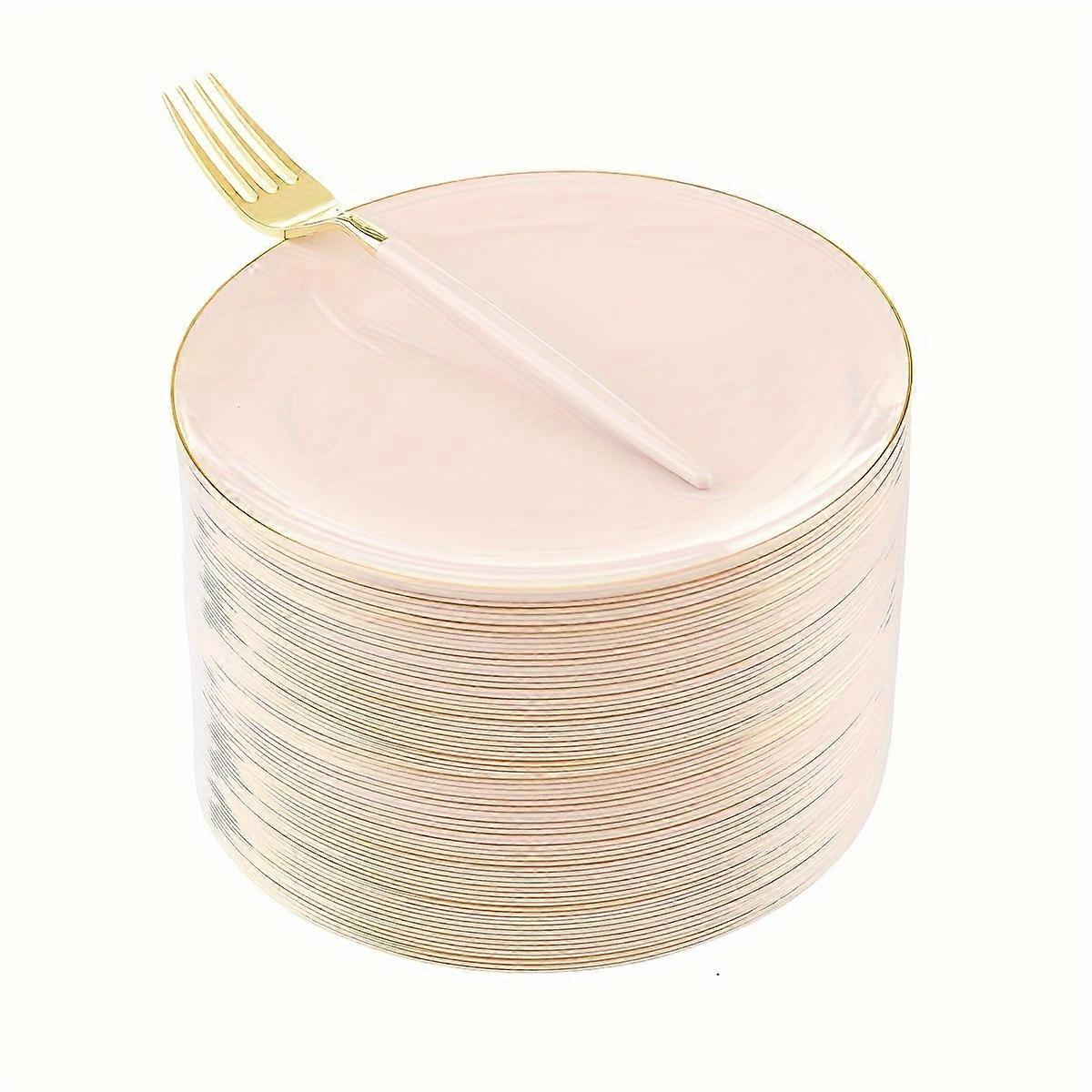 96pcs Pink Gold Plastic Plates, Gold Plastic Dessert Forks, 48pcs Pink Plastic Salad Plates with 48 Gold Plastic Forks for Parties, Cake Glitter Plate