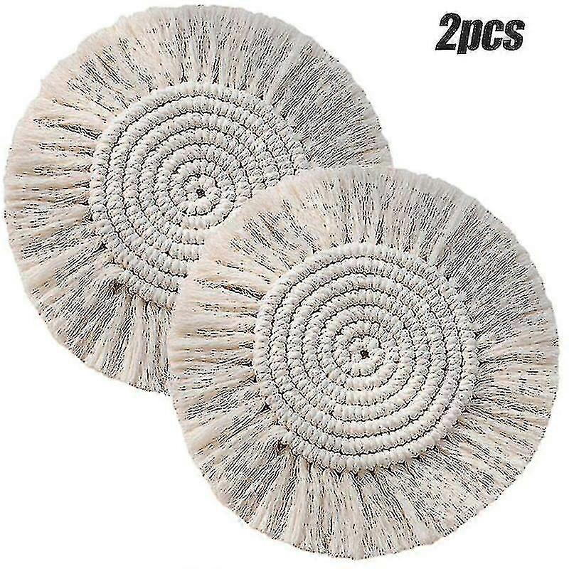 2 Pcs Boho Style Handmade Cotton Macrame Coasters, Creamy White Gift