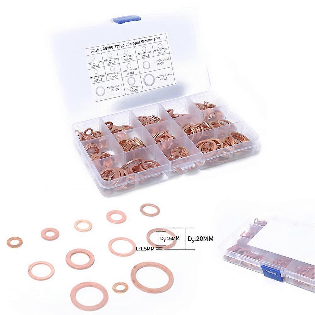 12 Sizes Solid Copper Crush Washers Assorted Seal Flat Ring Hardware kit 280pcs