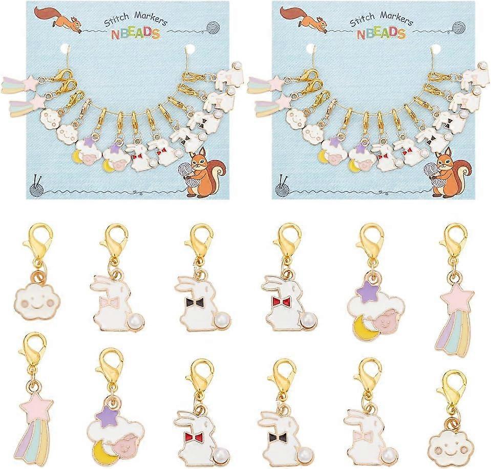 24 Pcs Meteor/Rabbit/Cloud Stitch Markers Pearl Beads Enamel Crochet Stitch Marker Charms Removable Lobster Clasp Locking Stitch Marker for Knitting W