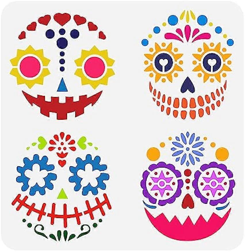 Sugar Skull Expression Stencil 11.8x11.8 inch Day of The Dead Decor Stencils Plastic 4 Styles Sugar Skull Patterns Stencil Reusable Halloween Decor St