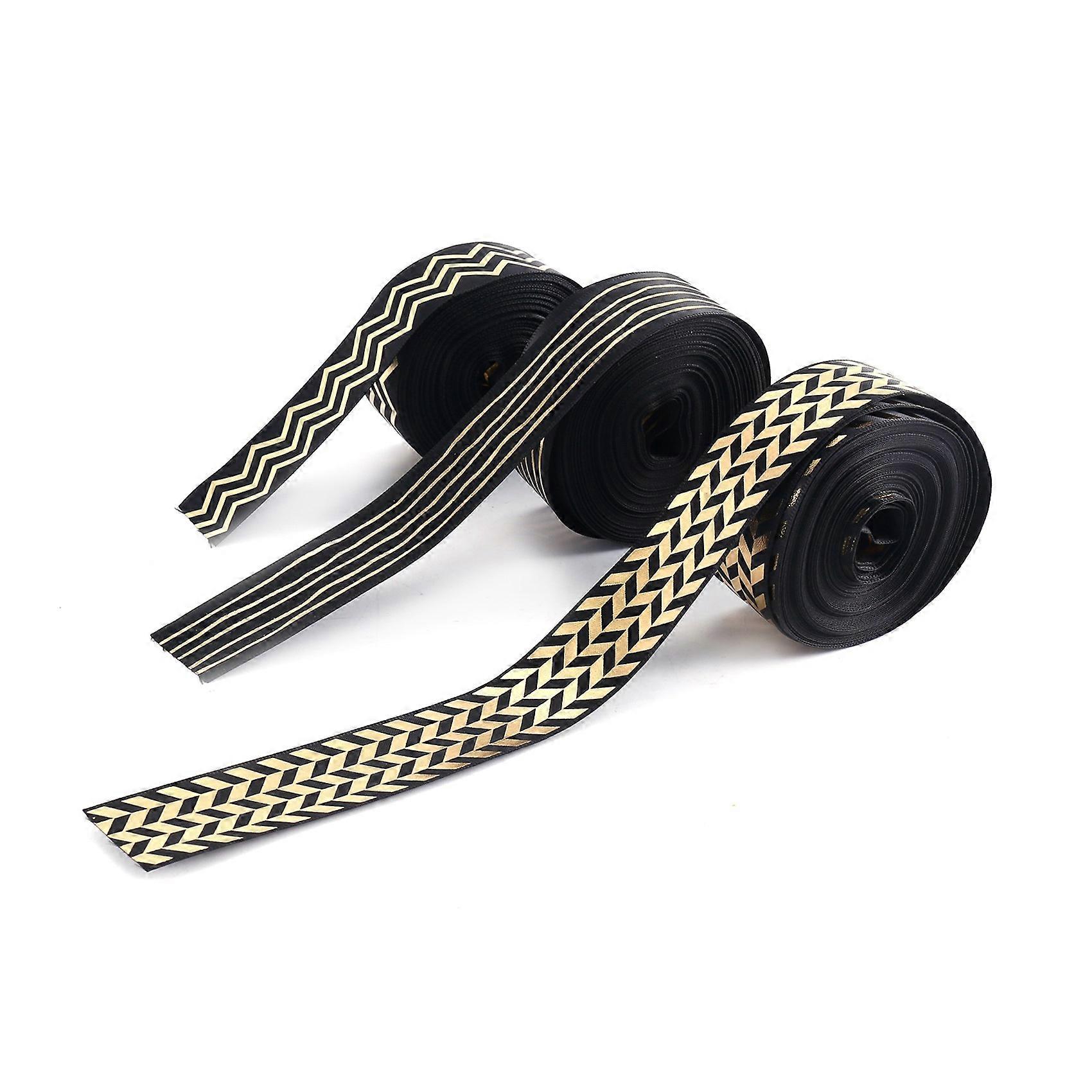 3 Pcs 1 Inch Christmas Ribbon Striped Wrapping Bronzing Grosgrain Fabric Black and Gold Printed Str