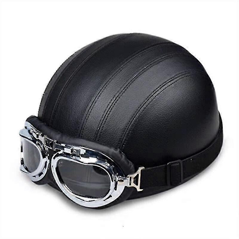 Retro Motorcycle Leather Half Helmet With Goggles