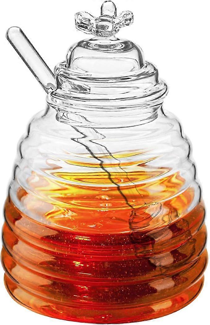 Honey jar with spoon and lid, honey jar, 450ml glass honeycomb honey jar for home kitchen