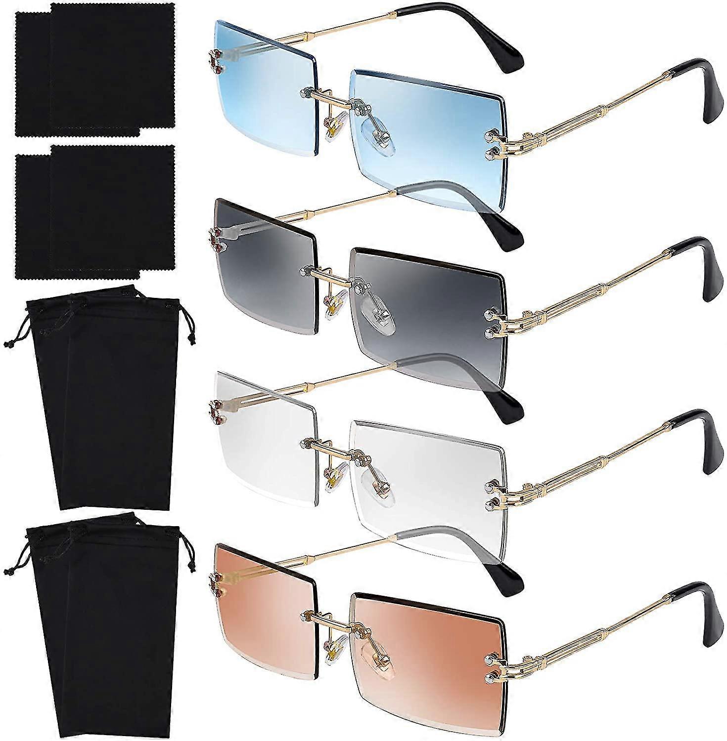 4 Pack Rimless Rectangle Sunglasses Vintage Rimless Eyewear Retro