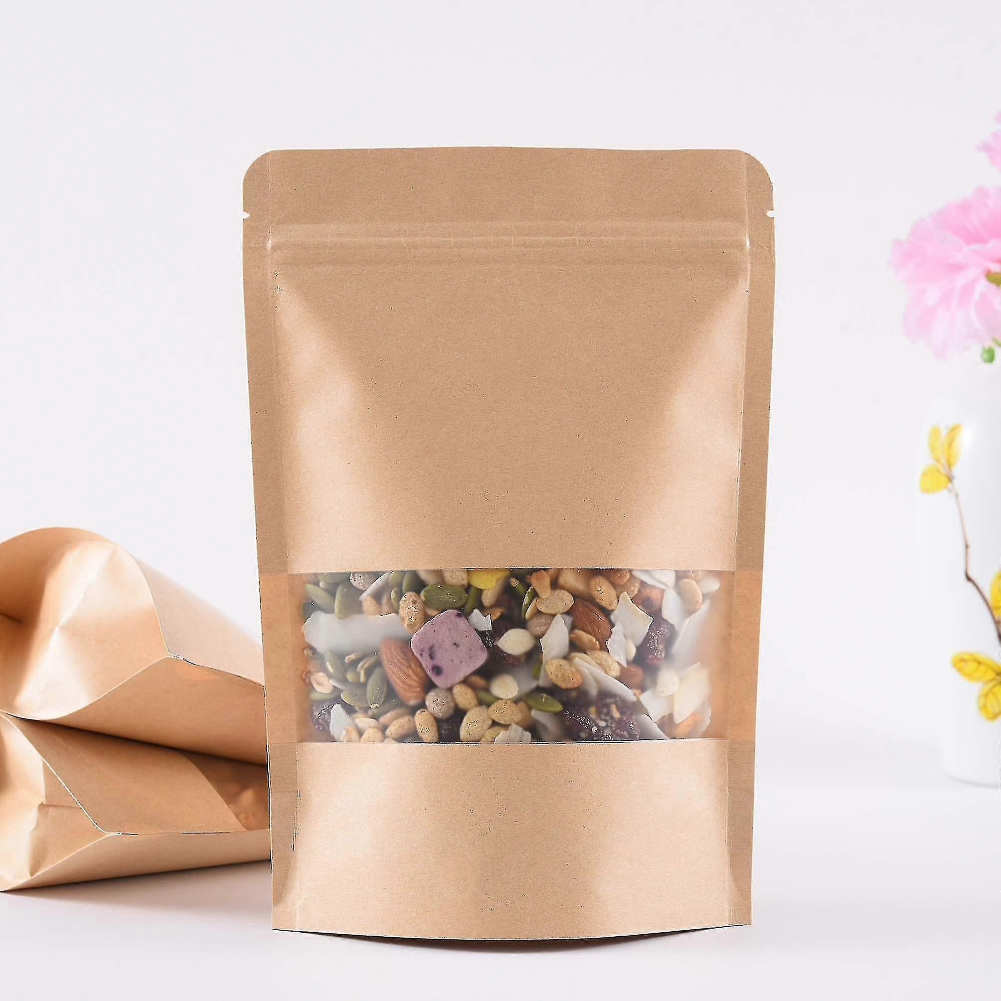 100pcs Kraft Paper Bag With Window(14x20x5cm),resealable Stand Up Pouch, Brown Paper Bags, Wholesale Food Packaging,waterproof And Moisture-proof