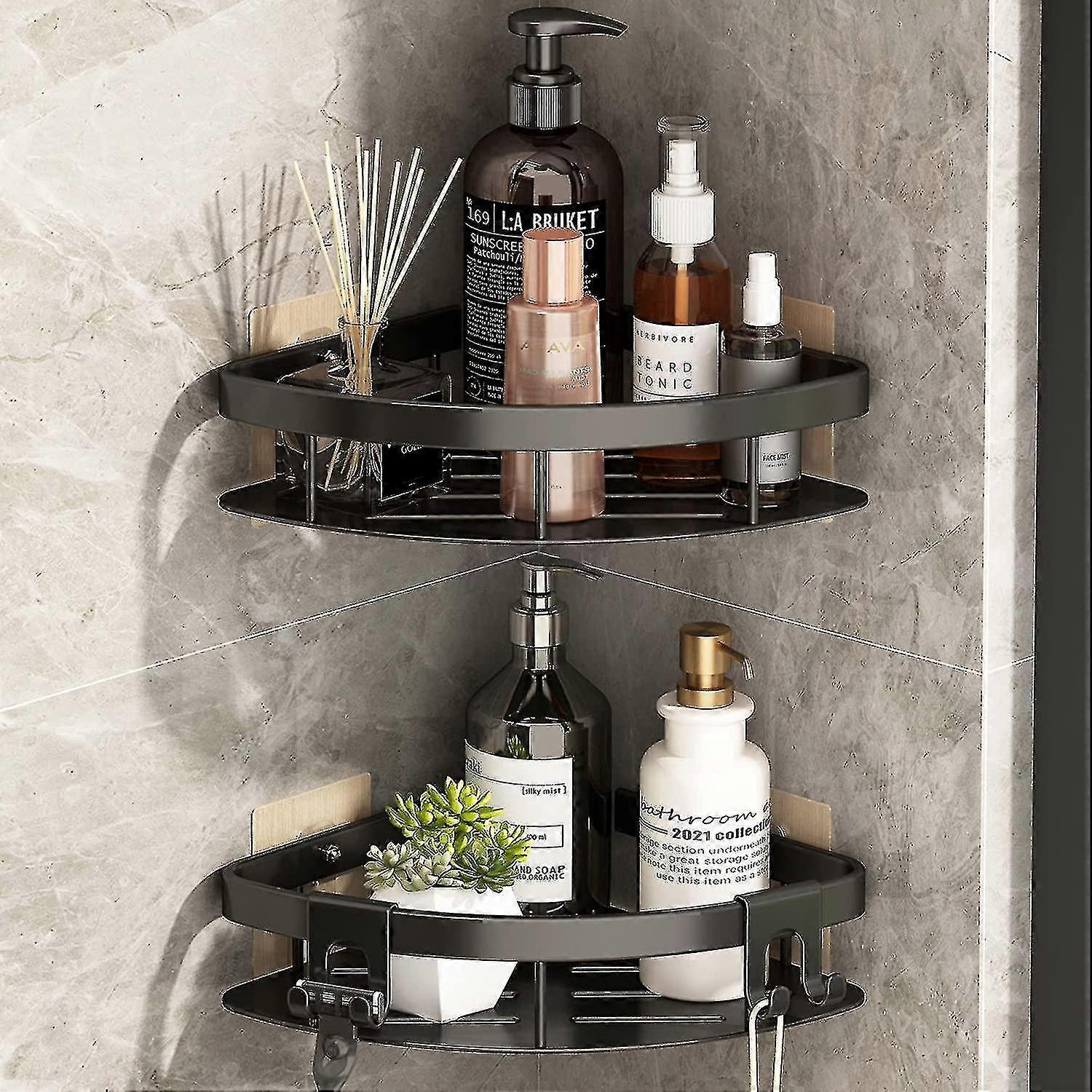 Shower Caddy No Drilling Corner Shower Shelf With Hooks And Shaving Holder, Rustproof Self-adhesive Corner Shelf Shower Baskets Bathroom Shelf Wall Sh