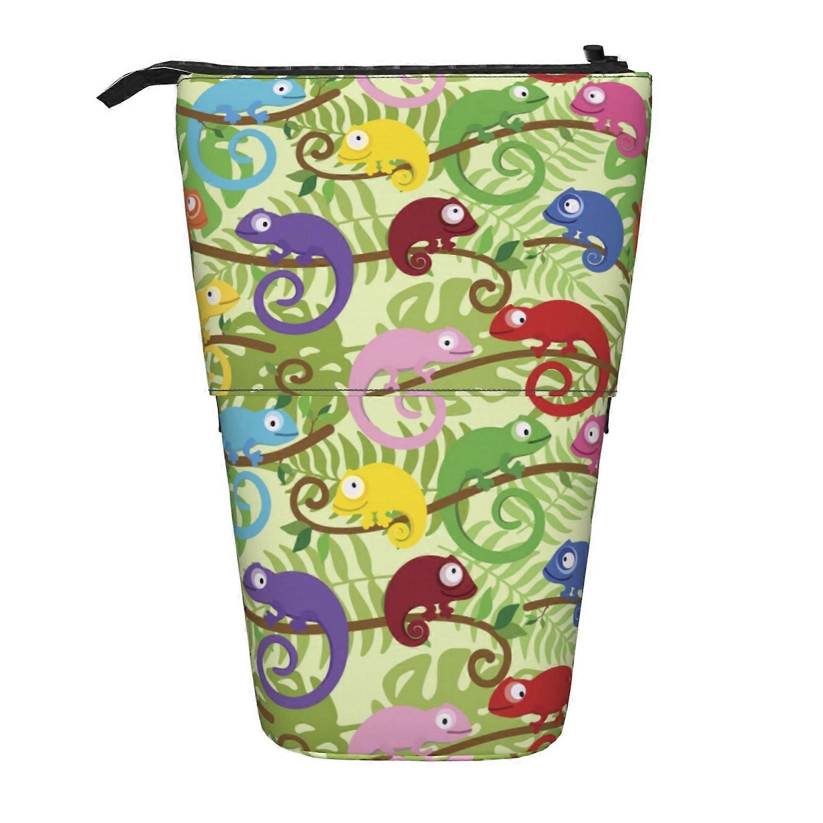 سحلية خضراء حرباء نمط مقلمة الوقوف حقيبة قلم رصاص تلسكوبية مقلمة مع سحاب حقيبة ماكياج محمولة