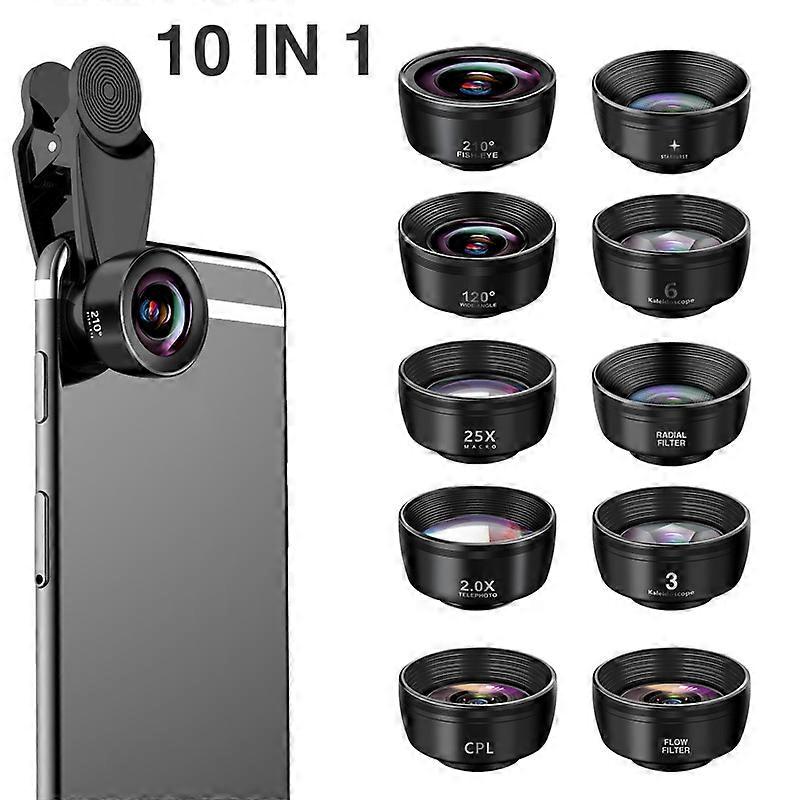 Dww-10 en 1 Ensemble d'objectif,Objectif trs Grand Angle 210 ,120  Grand et Objectif Macro 25x, Filtre toile,CPL/ND pour iPhone Samsung et la Plupart 