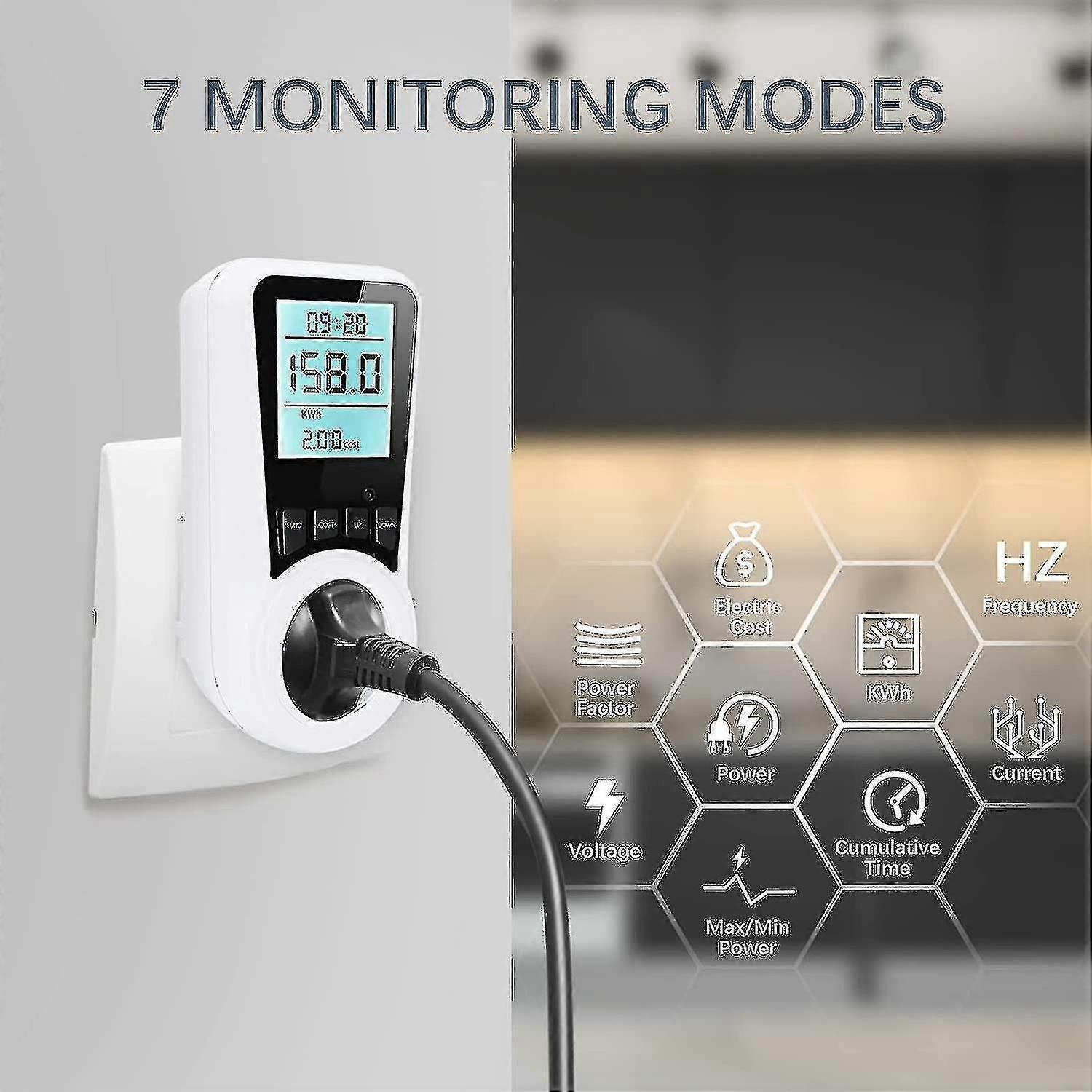 Electricity Meter For Socket Electricity Meter, 16a Energy Cost Meter, Electricity Consumption Meter With Lcd Backlight, 7 Monitoring Modes