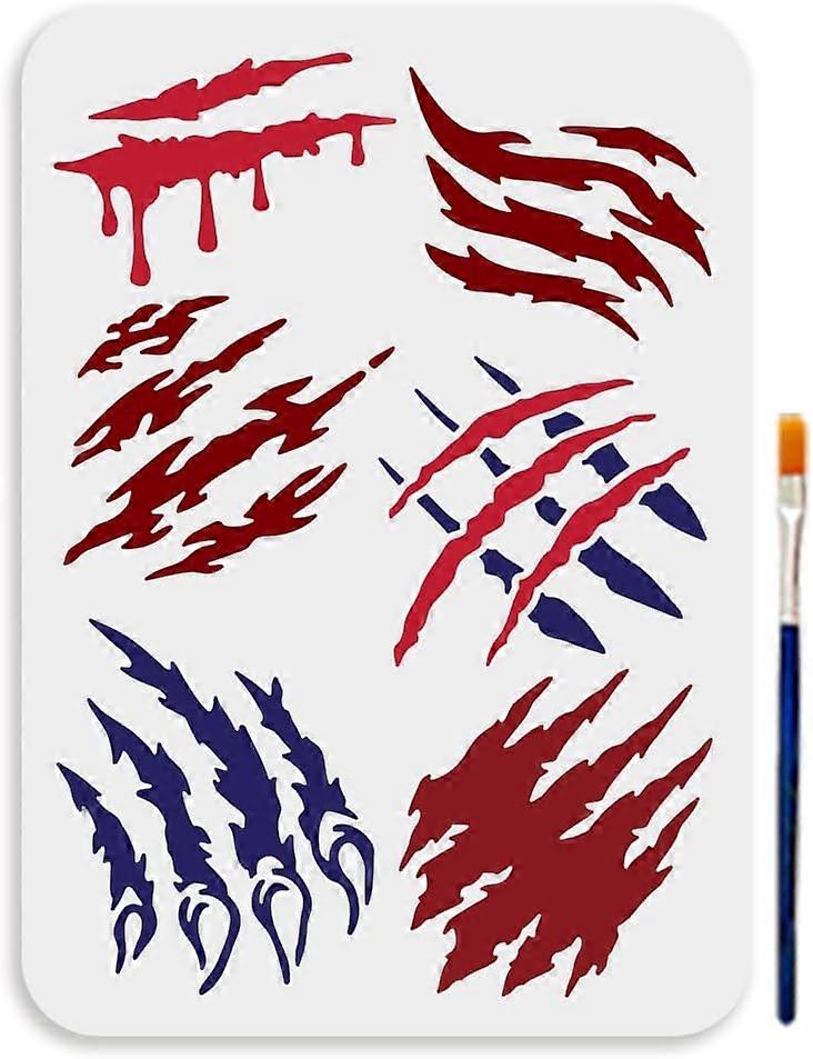 A4 Size Claw Marks Painting Template Animal Paw Marks Stencil with Paint Brush 11.7x8.3inch Reusable Scratch Marks Plastic Template for Wood Fabric Wa
