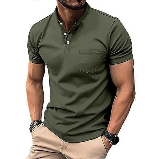Men Top V Neck Button Stand Collar Short Sleeves Slim Fit Solid Color Soft