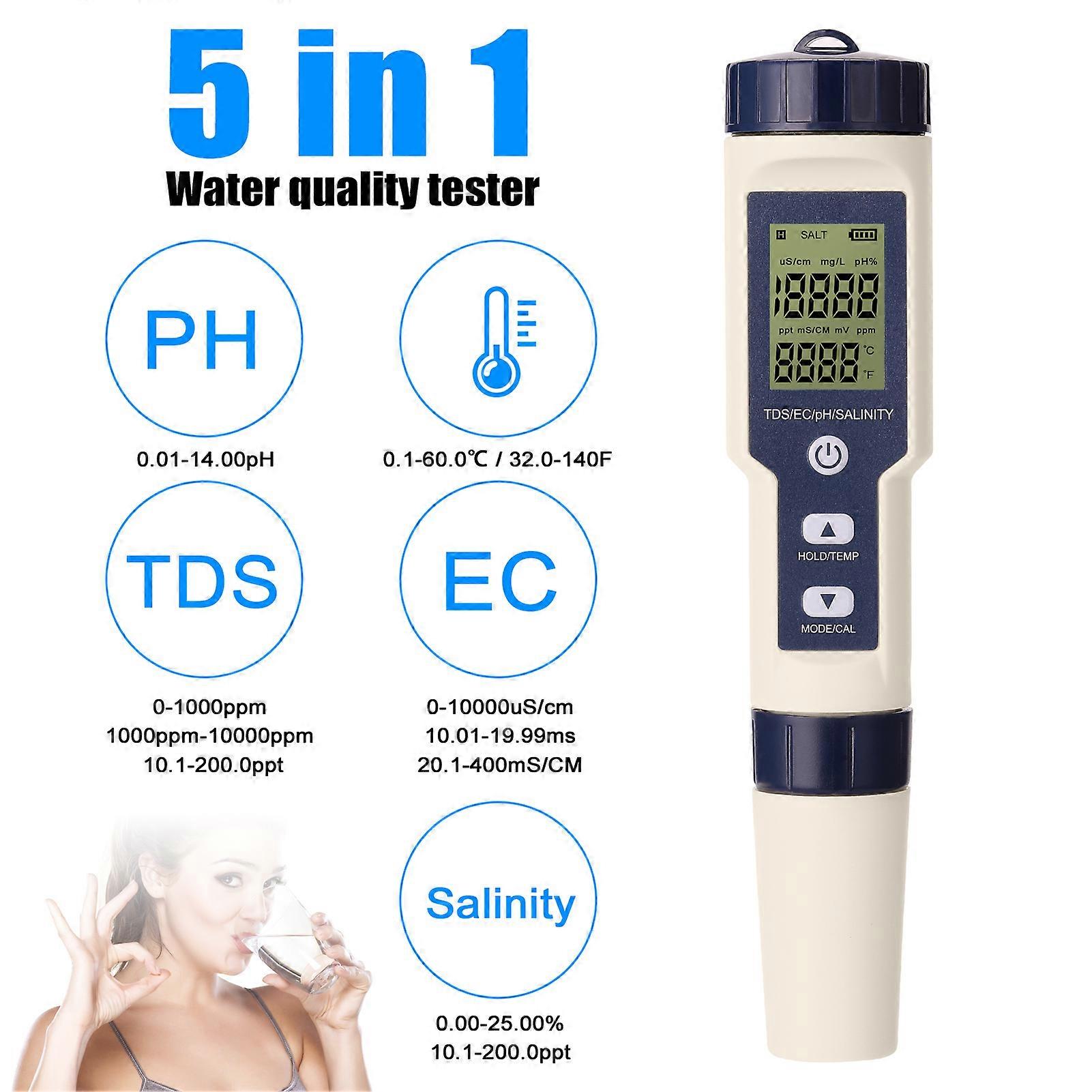 5 in 1 Professional Multi-parameter Combo Testing Meter PH/EC/TDS/Salinity/Thermometer Digital Multi-Function Tester Water Quality Tester