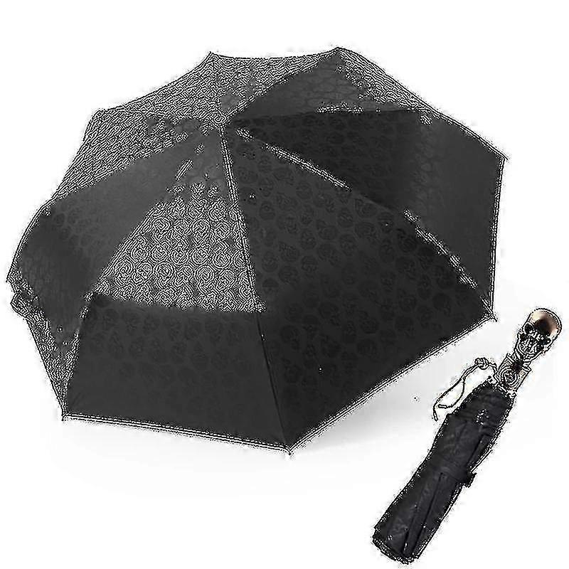 Retro Skull Automatic Folding Umbrella for UV Protection Black