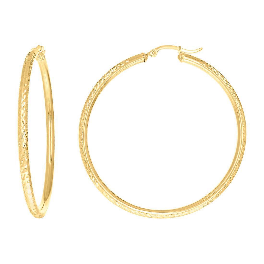 10Kイエローゴールドレディースラウンドチューブスパークルカットパターンのファンシーフープピアス女性用57x3mmワイドフープピアス