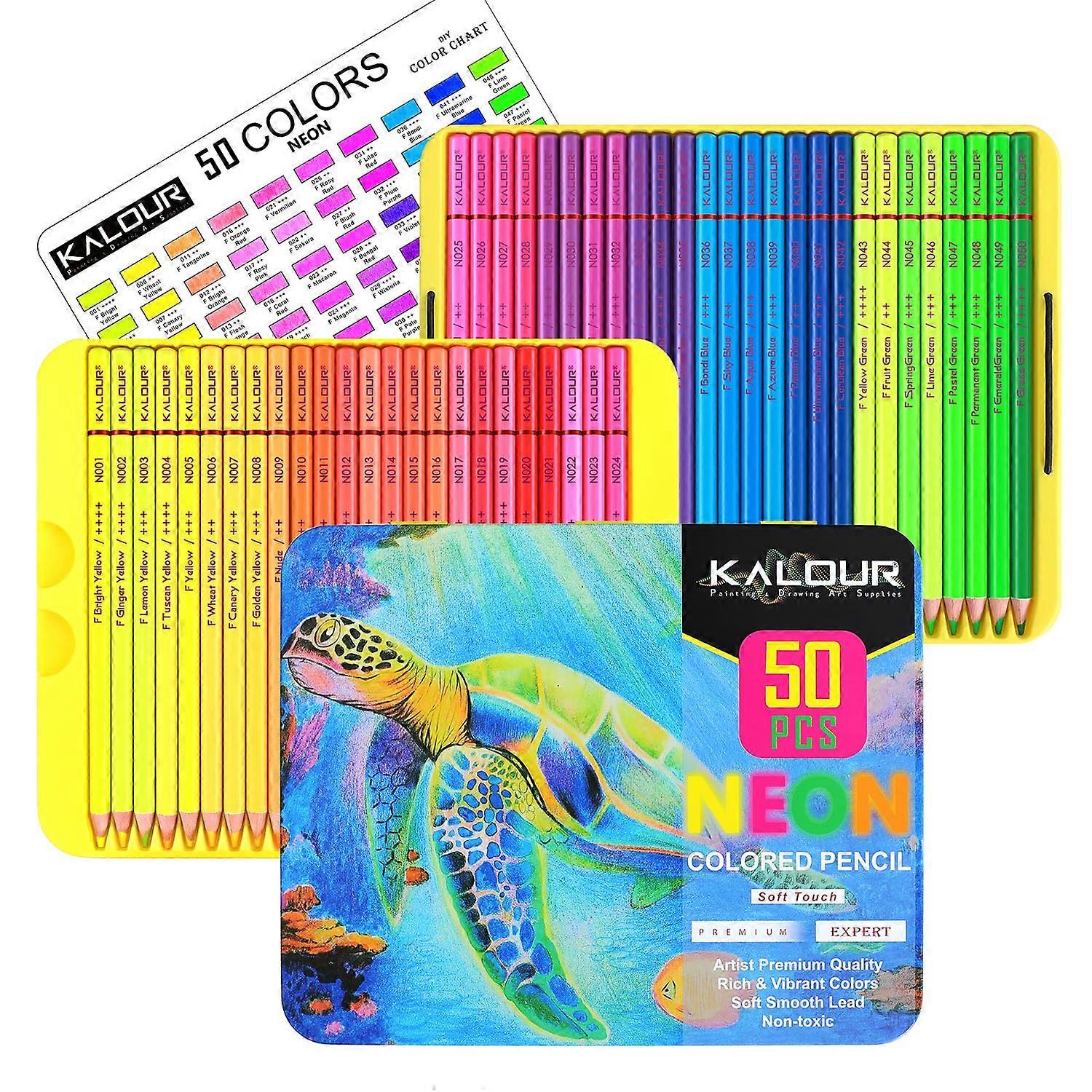 50 Neon Colored Pencils For Adult Coloring Soft Core Fluorescent Professional Drawing Set