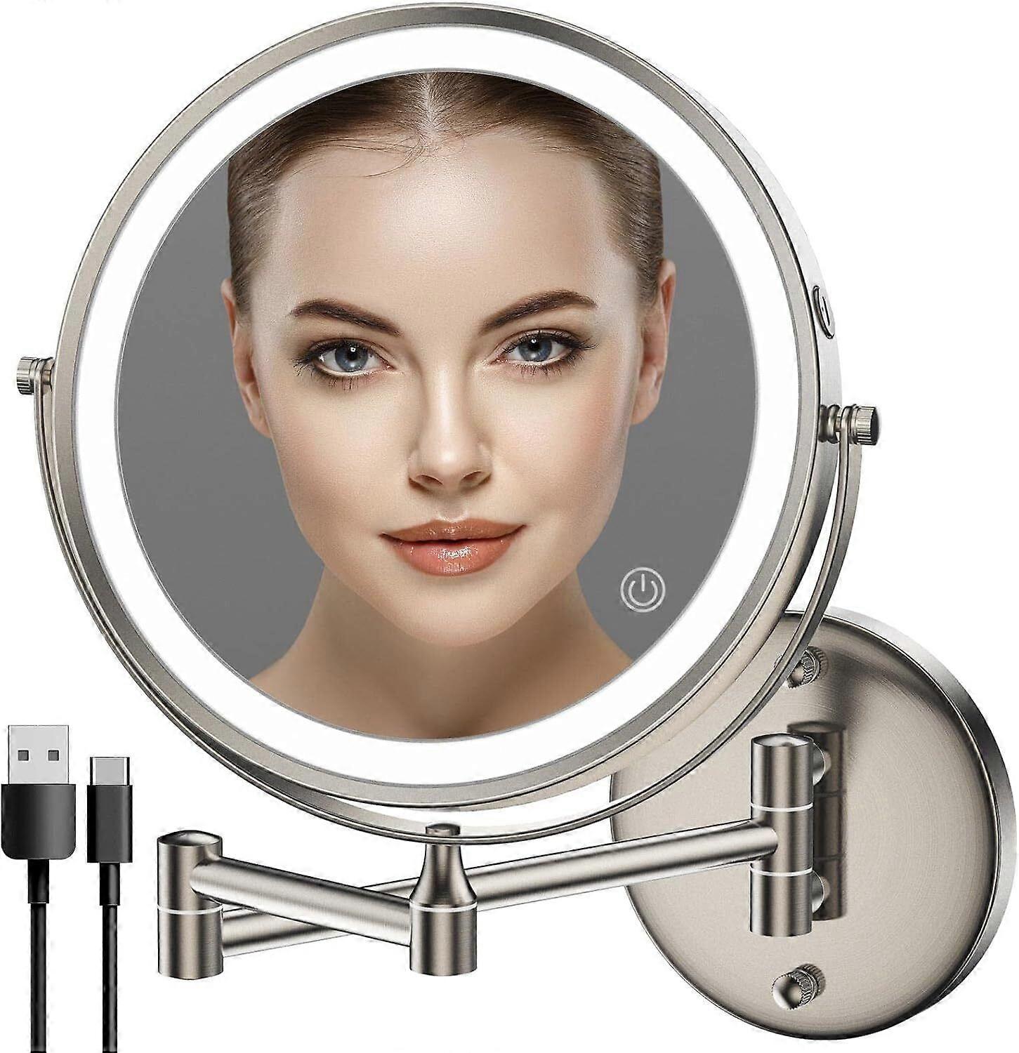 Lighted Wall Mount Makeup Mirror, 1X/10X Magnification, Battery Powered Glow Cosmetic Light up, Spinning 360-Degree, Double Sided , Extendable, Foldin