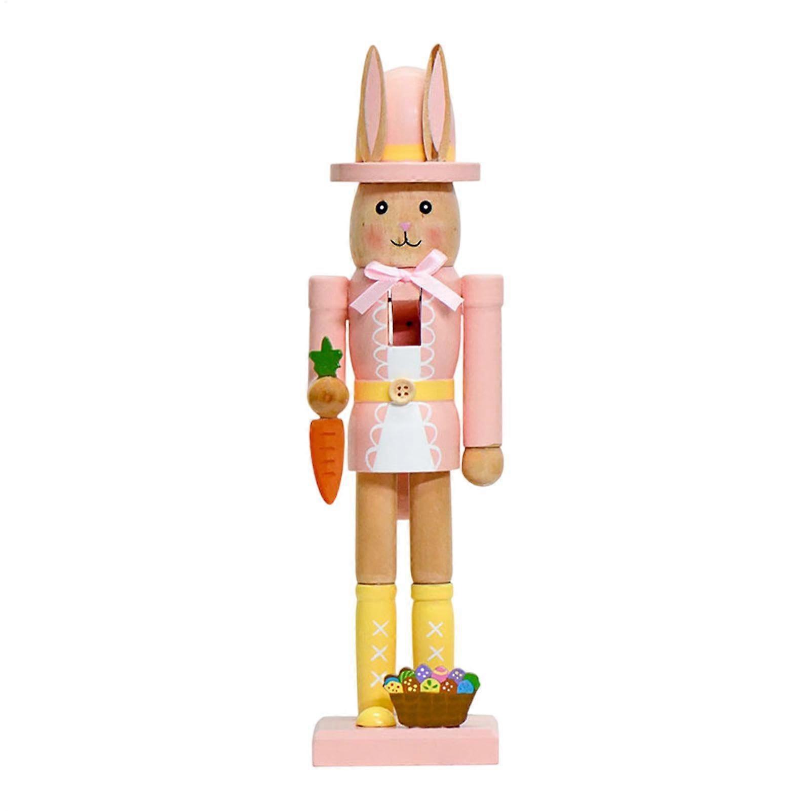 Desk Bunny Figurine Easter Rabbit Nutcracker - Wooden Spring Scene Garden Statue, 12.13-Inch Pink Table Decor