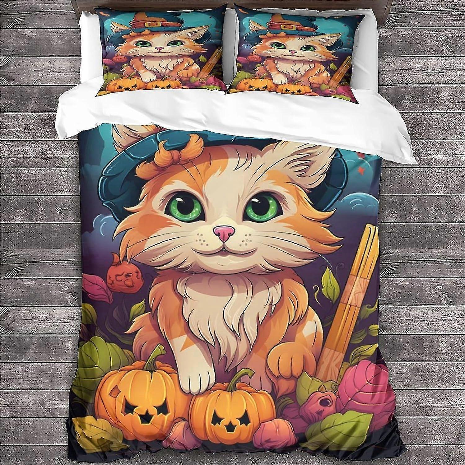 Animal Pattern Printed Duvet Cover with Zipper Closure, Soft Microfiber Halloween Bedding Set for Cats