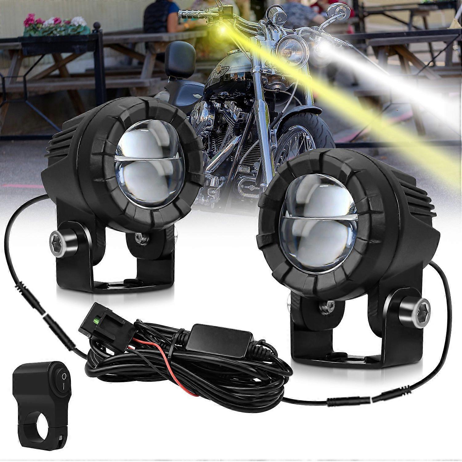 SK2 2Pcs 6 Modes Dual Lens Motorcycle LED Spotlight High Low Beam Headlight with Control Wire Kit